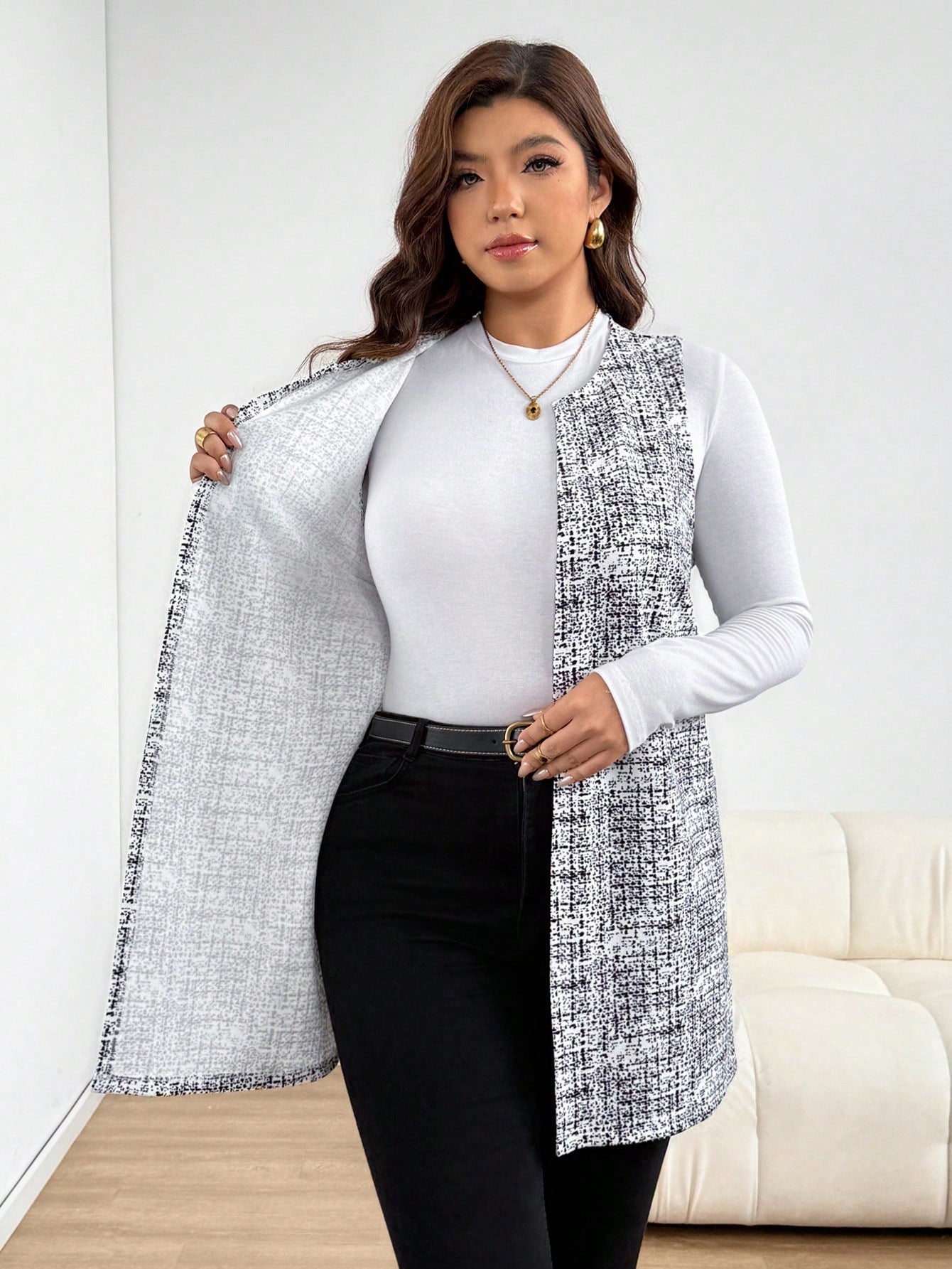 Essnce Plus Size Women's Spring/Autumn Fashion Casual Loose Comfortable Daily Basic Versatile Slimming Black & White Geometric Print Long Vest Outerwear, Autumn Outfit, Outing Top, Autumn Jacket