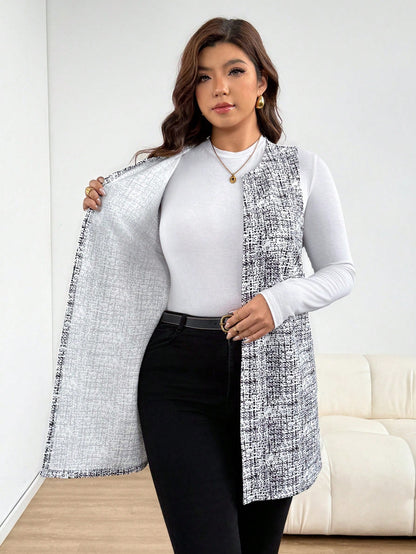 Essnce Plus Size Women's Spring/Autumn Fashion Casual Loose Comfortable Daily Basic Versatile Slimming Black & White Geometric Print Long Vest Outerwear, Autumn Outfit, Outing Top, Autumn Jacket
