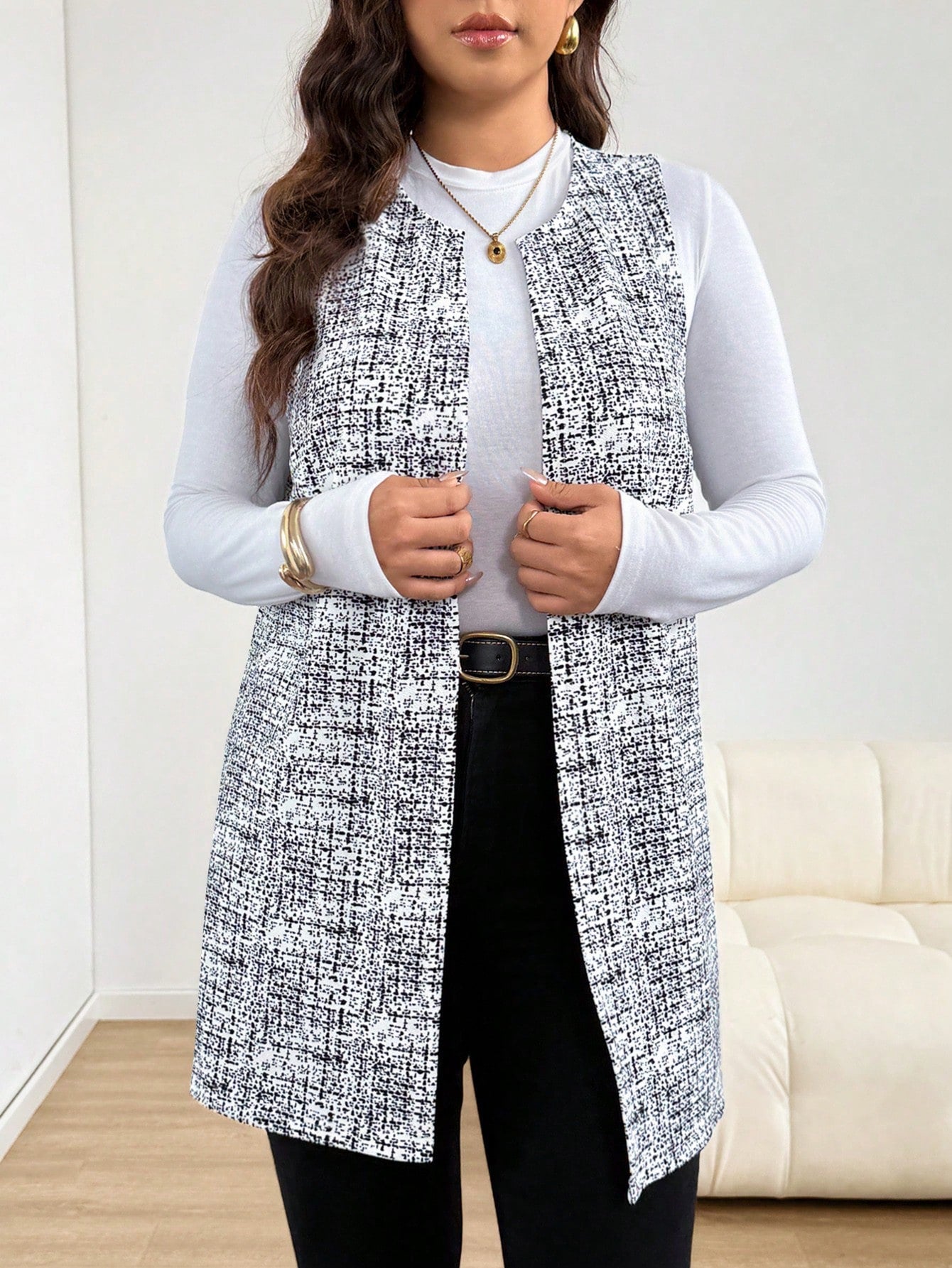 Essnce Plus Size Women's Spring/Autumn Fashion Casual Loose Comfortable Daily Basic Versatile Slimming Black & White Geometric Print Long Vest Outerwear, Autumn Outfit, Outing Top, Autumn Jacket