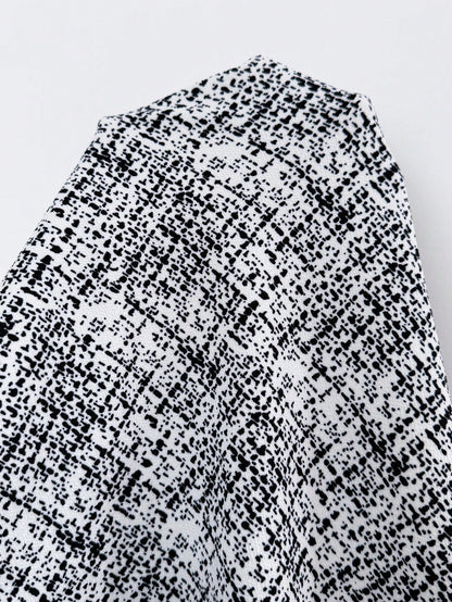 Essnce Plus Size Women's Spring/Autumn Fashion Casual Loose Comfortable Daily Basic Versatile Slimming Black & White Geometric Print Long Vest Outerwear, Autumn Outfit, Outing Top, Autumn Jacket