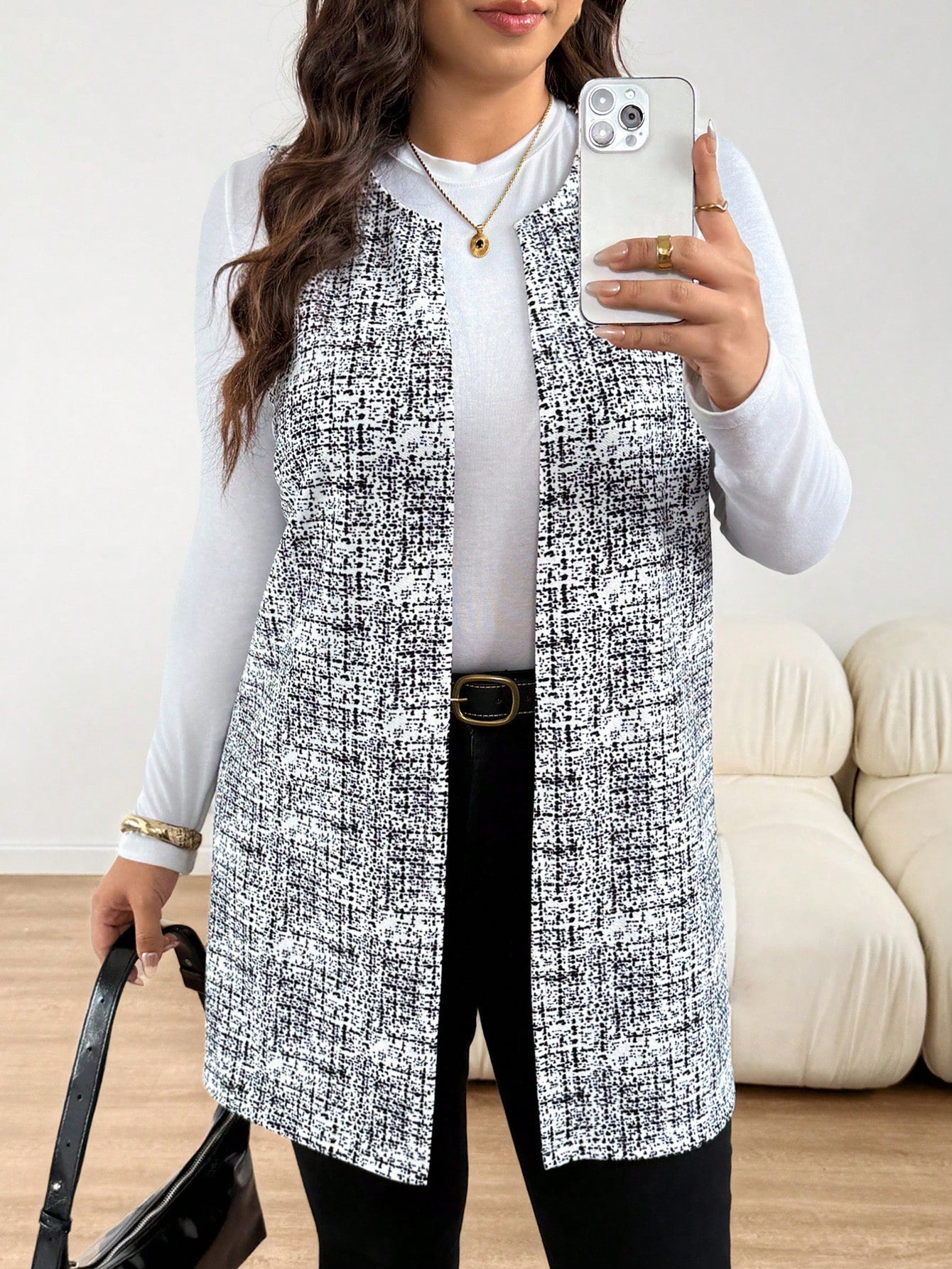 Essnce Plus Size Women's Spring/Autumn Fashion Casual Loose Comfortable Daily Basic Versatile Slimming Black & White Geometric Print Long Vest Outerwear, Autumn Outfit, Outing Top, Autumn Jacket