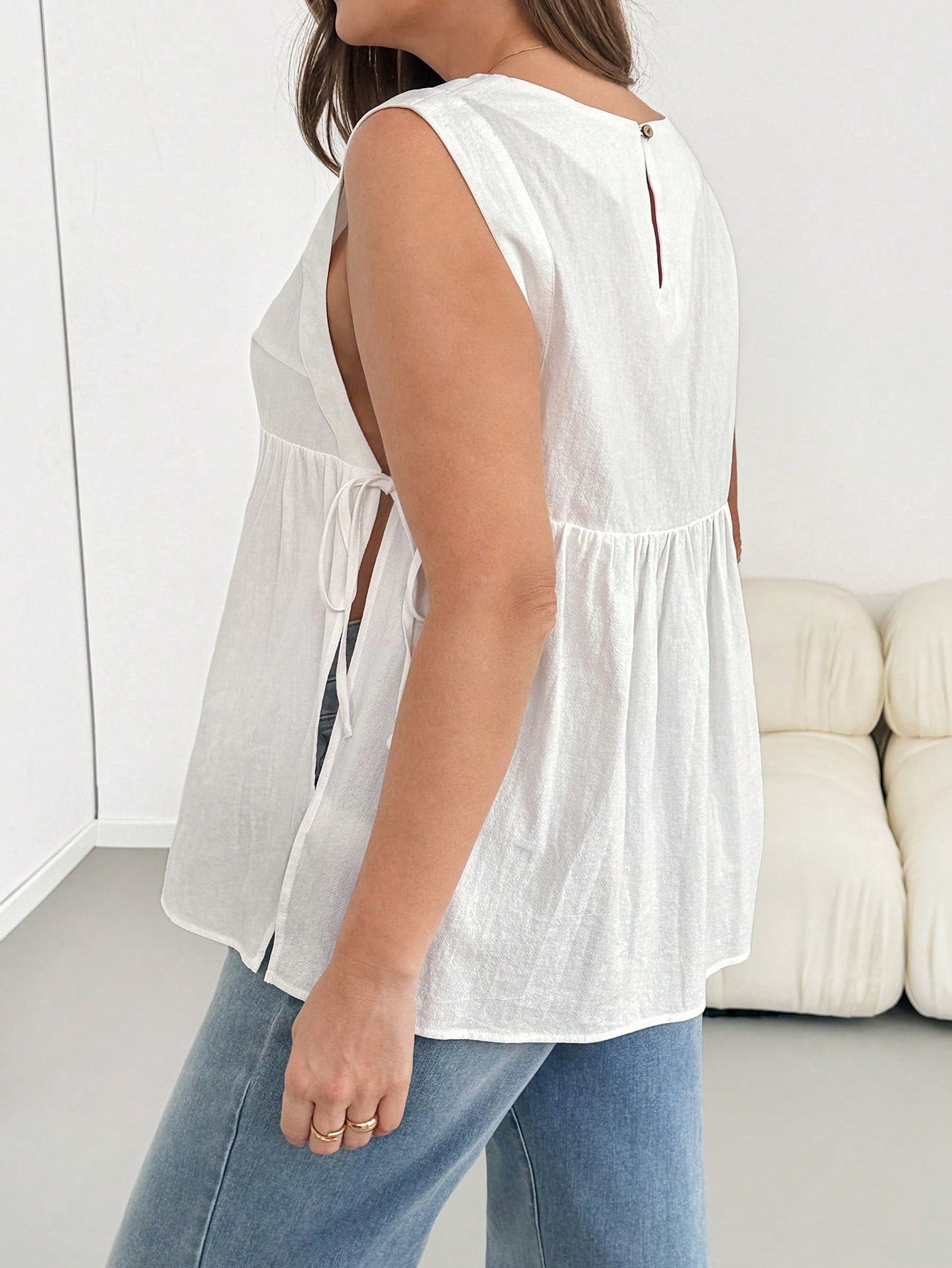 Essnce Plus-Size Women's White Linen Vest With Side Ties,Casual Silky Sommar Vacation Tops,Loose Comfortable Breathable Apron Belly Clothes