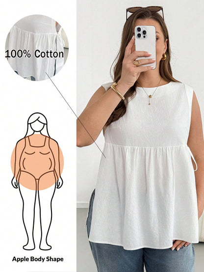 Essnce Plus-Size Women's White Linen Vest With Side Ties,Casual Silky Sommar Vacation Tops,Loose Comfortable Breathable Apron Belly Clothes