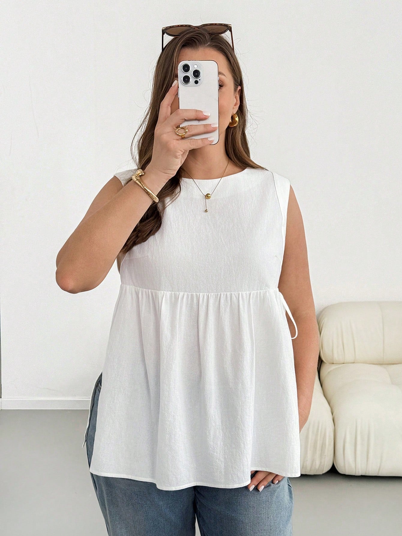 Essnce Plus-Size Women's White Linen Vest With Side Ties,Casual Silky Sommar Vacation Tops,Loose Comfortable Breathable Apron Belly Clothes