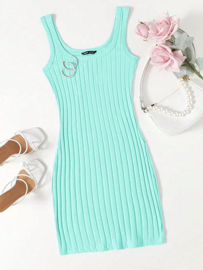 Essnce Solid Color Rib-Knit Sleeveless Dress For Summer