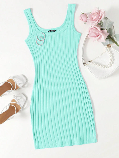 Essnce Solid Color Rib-Knit Sleeveless Dress For Summer