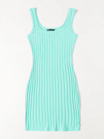 Essnce Solid Color Rib-Knit Sleeveless Dress For Summer
