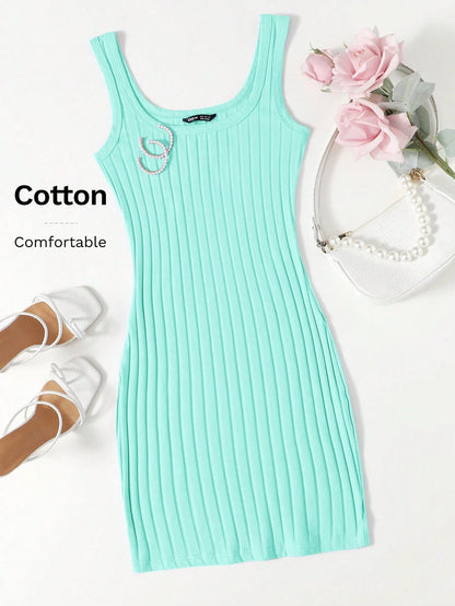Essnce Solid Color Rib-Knit Sleeveless Dress For Summer