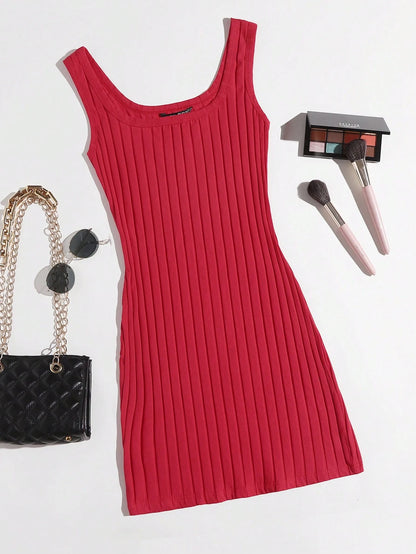 Essnce Solid Color Rib-Knit Sleeveless Dress For Summer