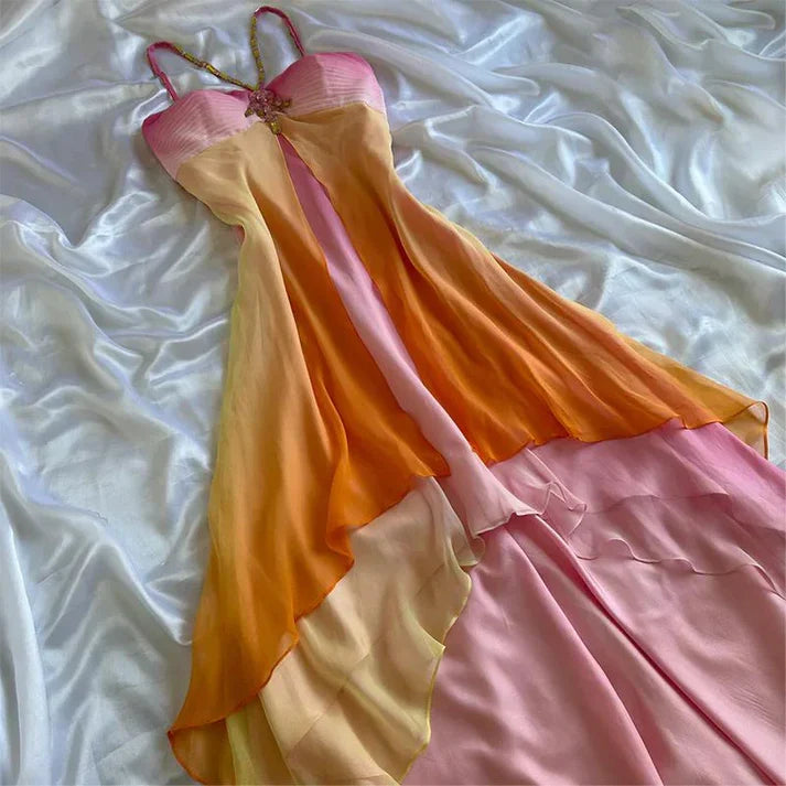 Ethereal Ombre Chiffon Evening Gown Tiered Ruffles Beaded Evening Gown,AST2311