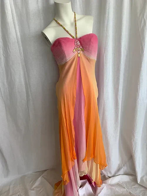 Ethereal Ombre Chiffon Evening Gown Tiered Ruffles Beaded Evening Gown,AST2311
