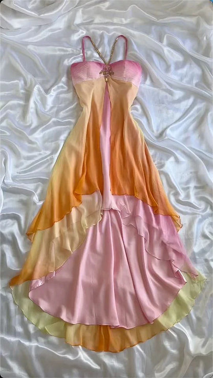 Ethereal Ombre Chiffon Evening Gown Tiered Ruffles Beaded Evening Gown,AST2311