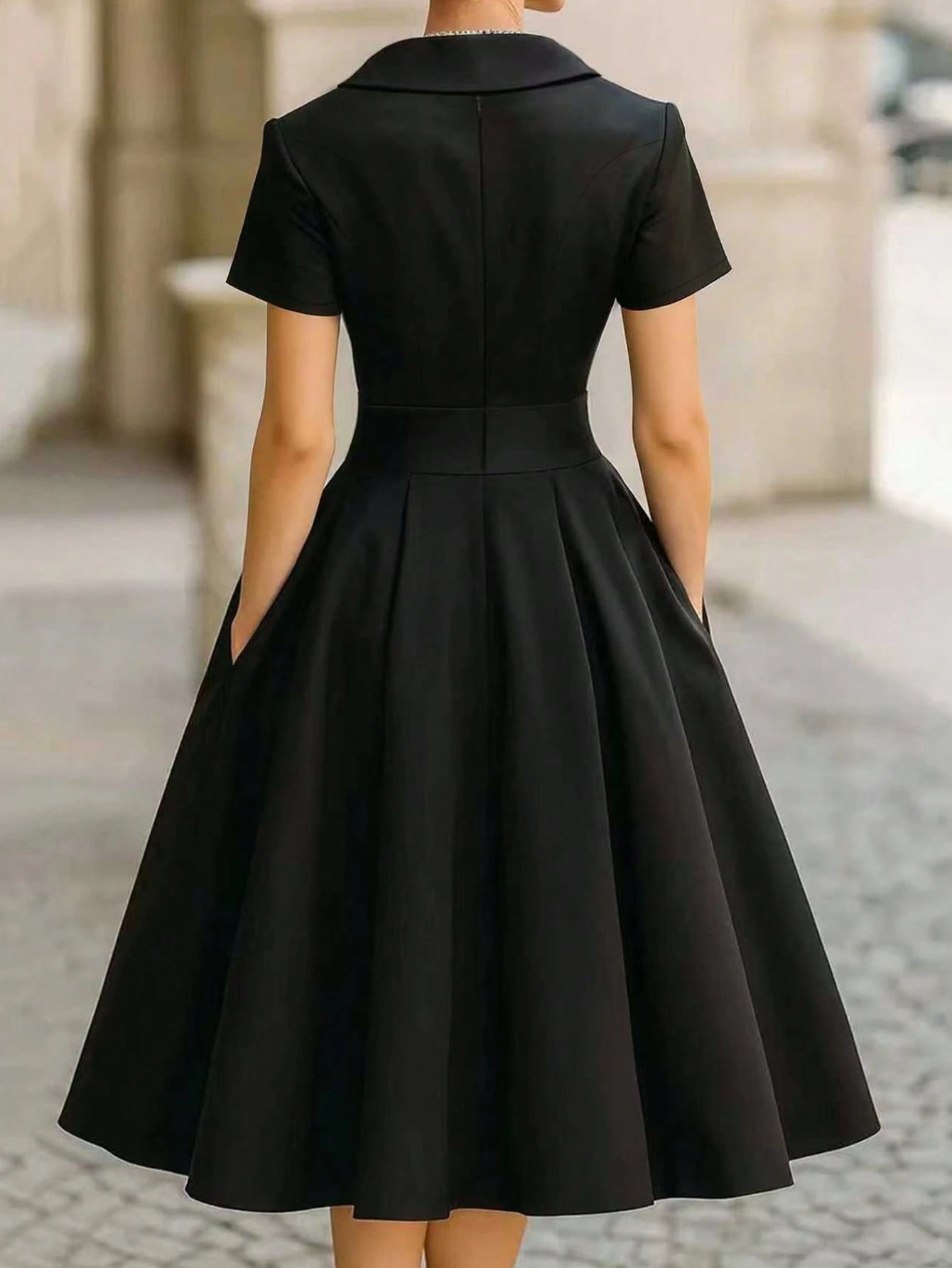 European And American Style French Elegant Fashion Turndown Collar Short Sleeve Shirt Dress, Sexy Deep V-Neck Spring Summer Graceful Ladies Black