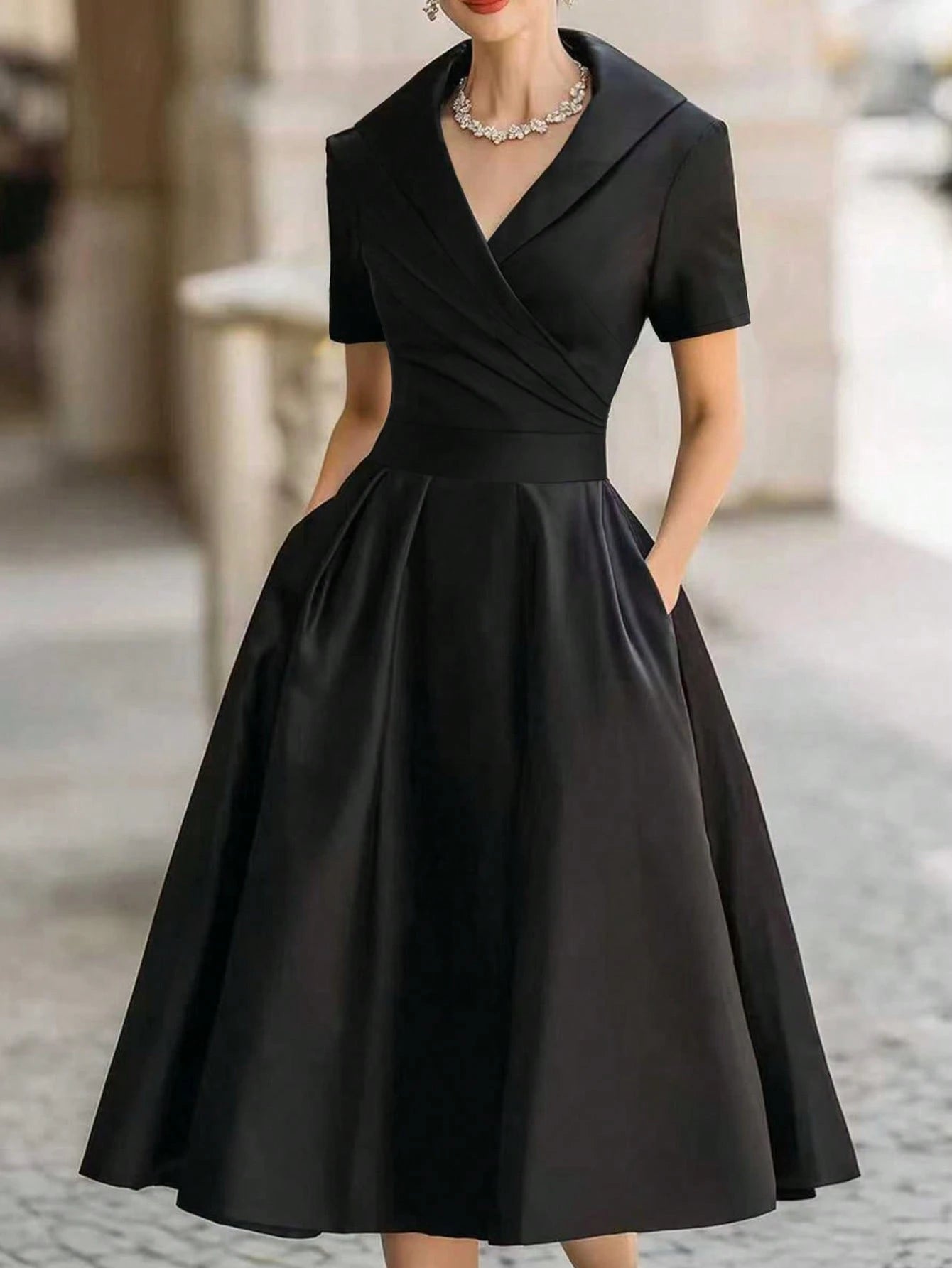 European And American Style French Elegant Fashion Turndown Collar Short Sleeve Shirt Dress, Sexy Deep V-Neck Spring Summer Graceful Ladies Black