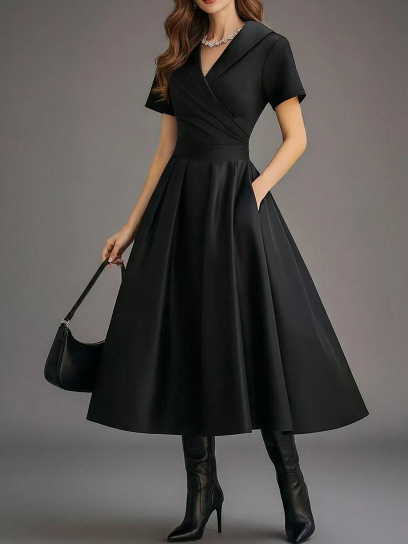 European And American Style French Elegant Fashion Turndown Collar Short Sleeve Shirt Dress, Sexy Deep V-Neck Spring Summer Graceful Ladies Black
