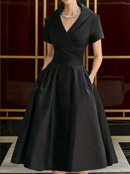 European And American Style French Elegant Fashion Turndown Collar Short Sleeve Shirt Dress, Sexy Deep V-Neck Spring Summer Graceful Ladies Black