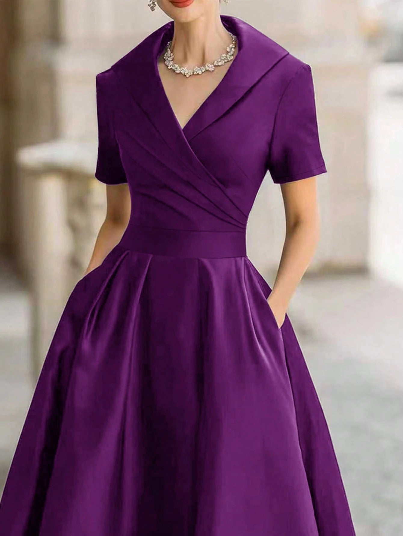 European And American Style French Elegant Fashion Turndown Collar Short Sleeve Shirt Dress, Sexy Deep V-Neck Spring Summer Graceful Ladies Black
