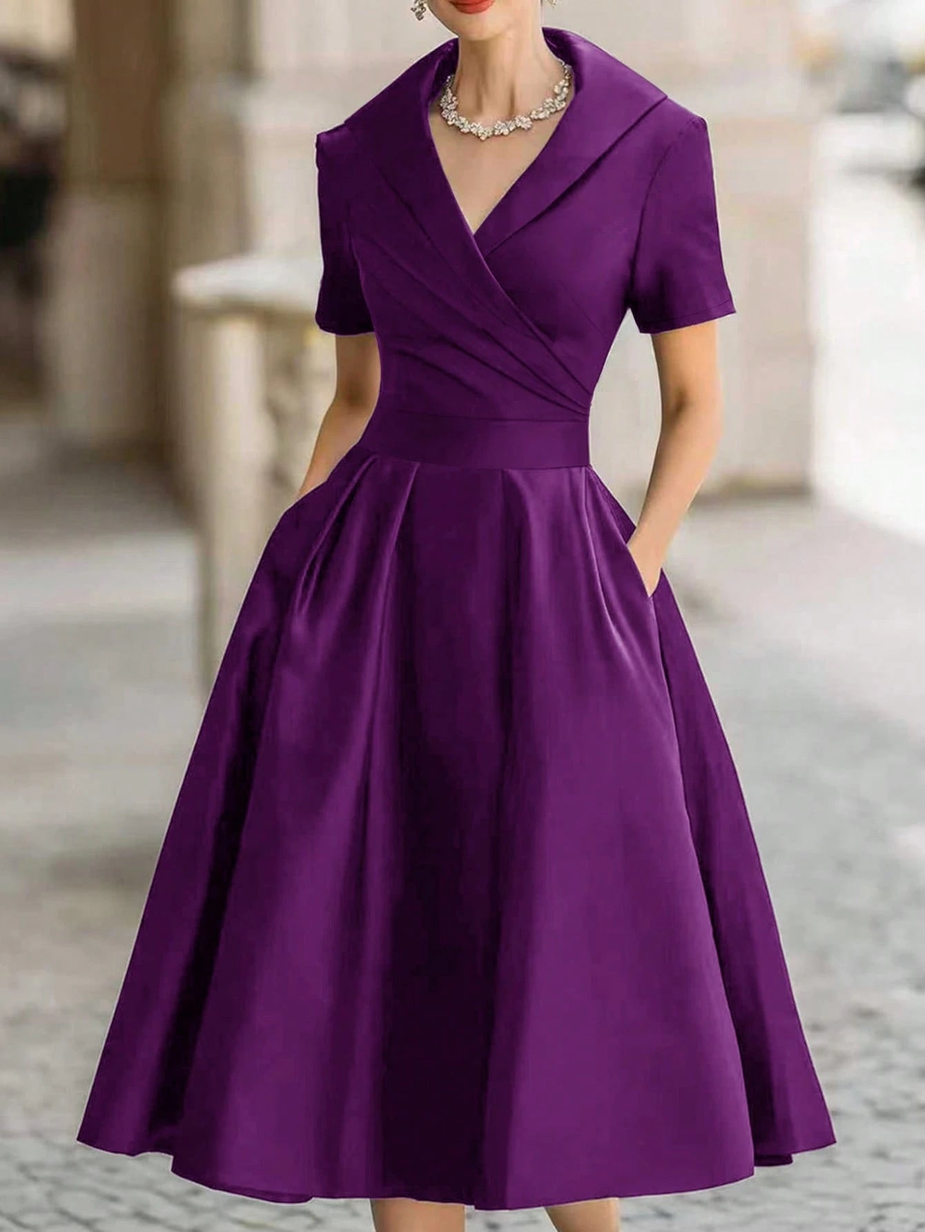 European And American Style French Elegant Fashion Turndown Collar Short Sleeve Shirt Dress, Sexy Deep V-Neck Spring Summer Graceful Ladies Black