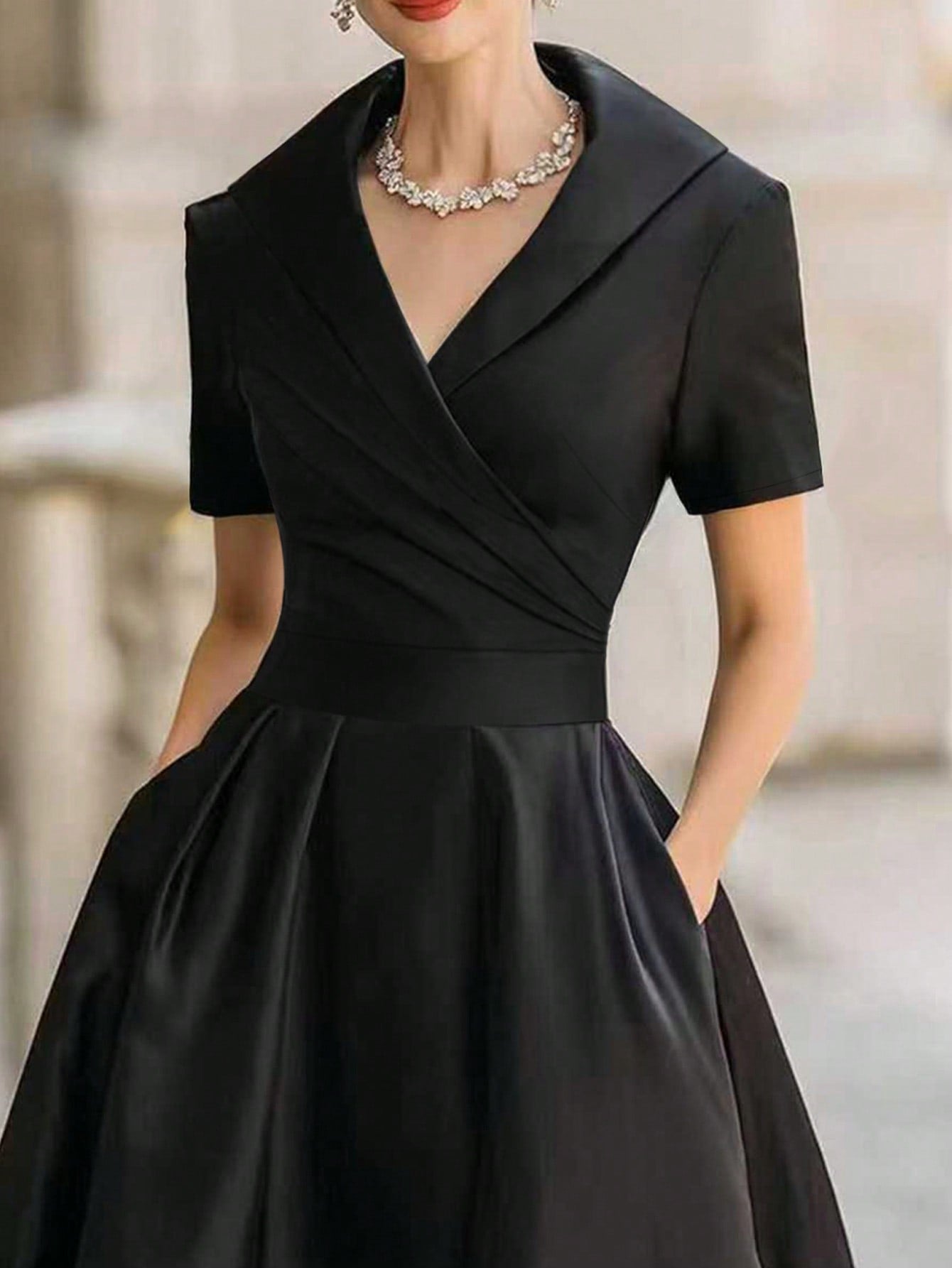 European And American Style French Elegant Fashion Turndown Collar Short Sleeve Shirt Dress, Sexy Deep V-Neck Spring Summer Graceful Ladies Black