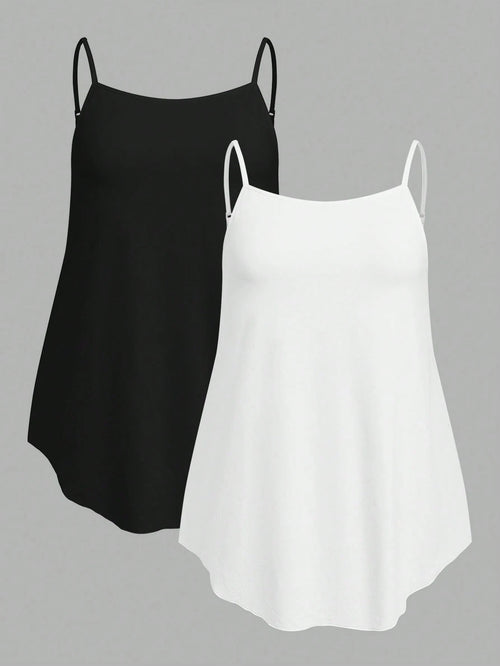 EZwear 2pcs/Set Plus Size Solid Color Camisole Tank Tops, Summer Back To School Lounge Date Night Black White