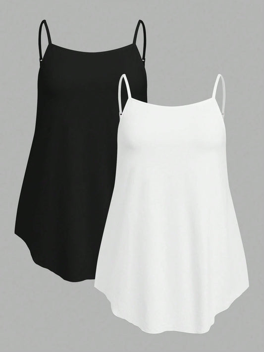EZwear 2pcs/Set Plus Size Solid Color Camisole Tank Tops, Summer Back To School Lounge Date Night Black White