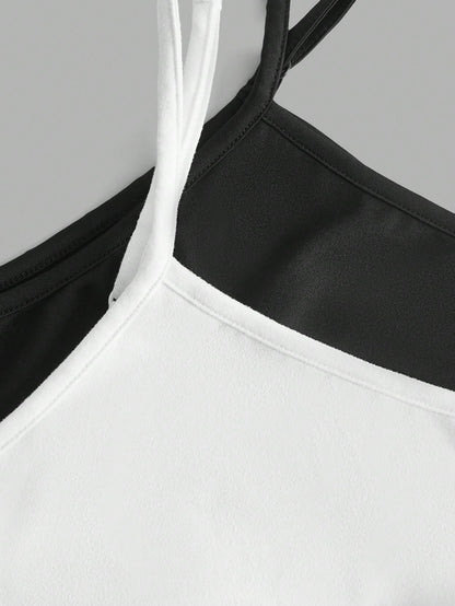 EZwear 2pcs/Set Plus Size Solid Color Camisole Tank Tops, Summer Back To School Lounge Date Night Black White