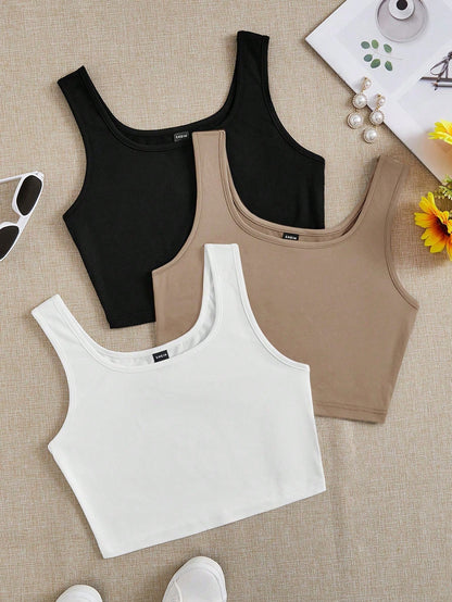 EZwear 3pcs Plus Size Women Casual Round Neck Camisole Tops, Suitable For Summer