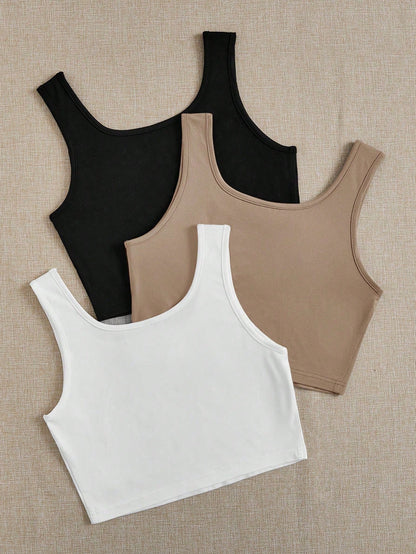 EZwear 3pcs Plus Size Women Casual Round Neck Camisole Tops, Suitable For Summer