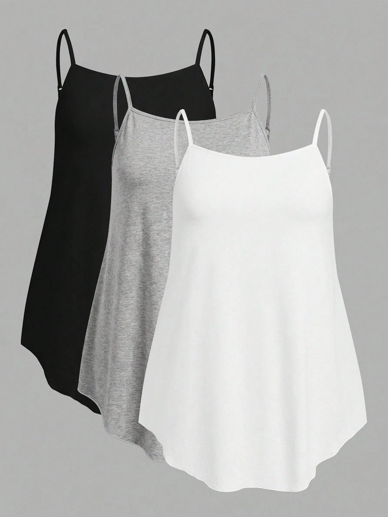 EZwear 3pcs/Set Plus Size Solid Color Camisole Tops, Black + White + Light Grey, Suitable For Summer