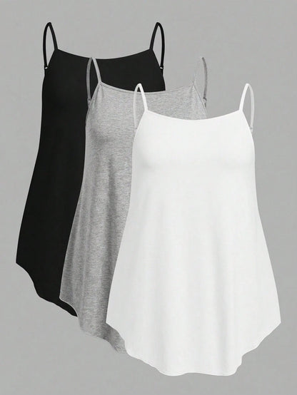 EZwear 3pcs/Set Plus Size Solid Color Camisole Tops, Black + White + Light Grey, Suitable For Summer