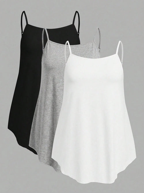 EZwear 3pcs/Set Plus Size Solid Color Camisole Tops, Black + White + Light Grey, Suitable For Summer