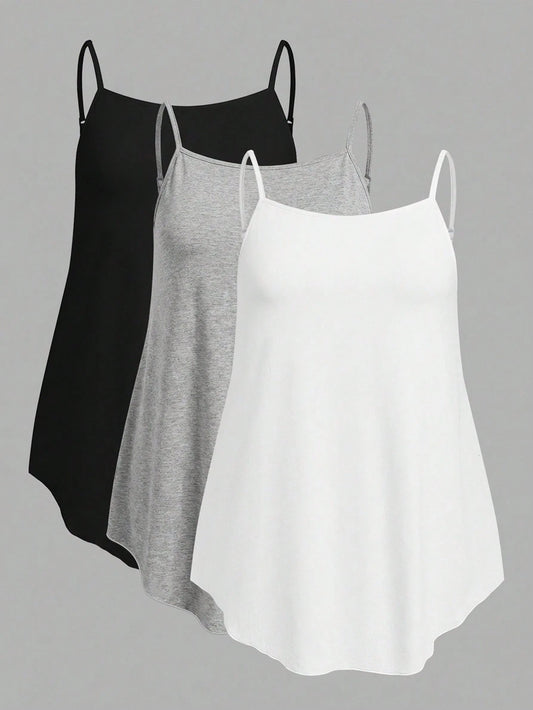 EZwear 3pcs/Set Plus Size Solid Color Camisole Tops, Black + White + Light Grey, Suitable For Summer
