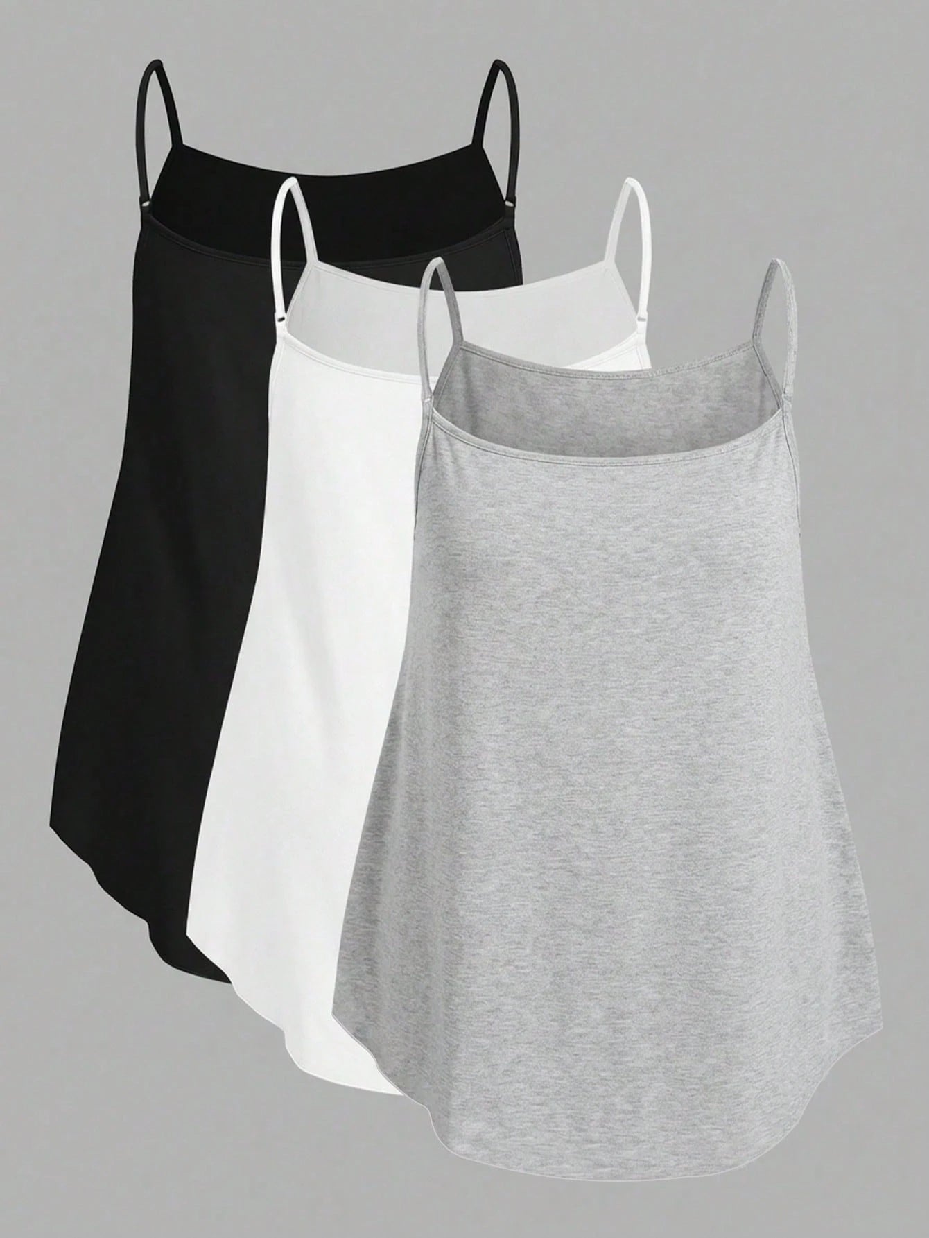 EZwear 3pcs/Set Plus Size Solid Color Camisole Tops, Black + White + Light Grey, Suitable For Summer