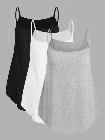 EZwear 3pcs/Set Plus Size Solid Color Camisole Tops, Black + White + Light Grey, Suitable For Summer
