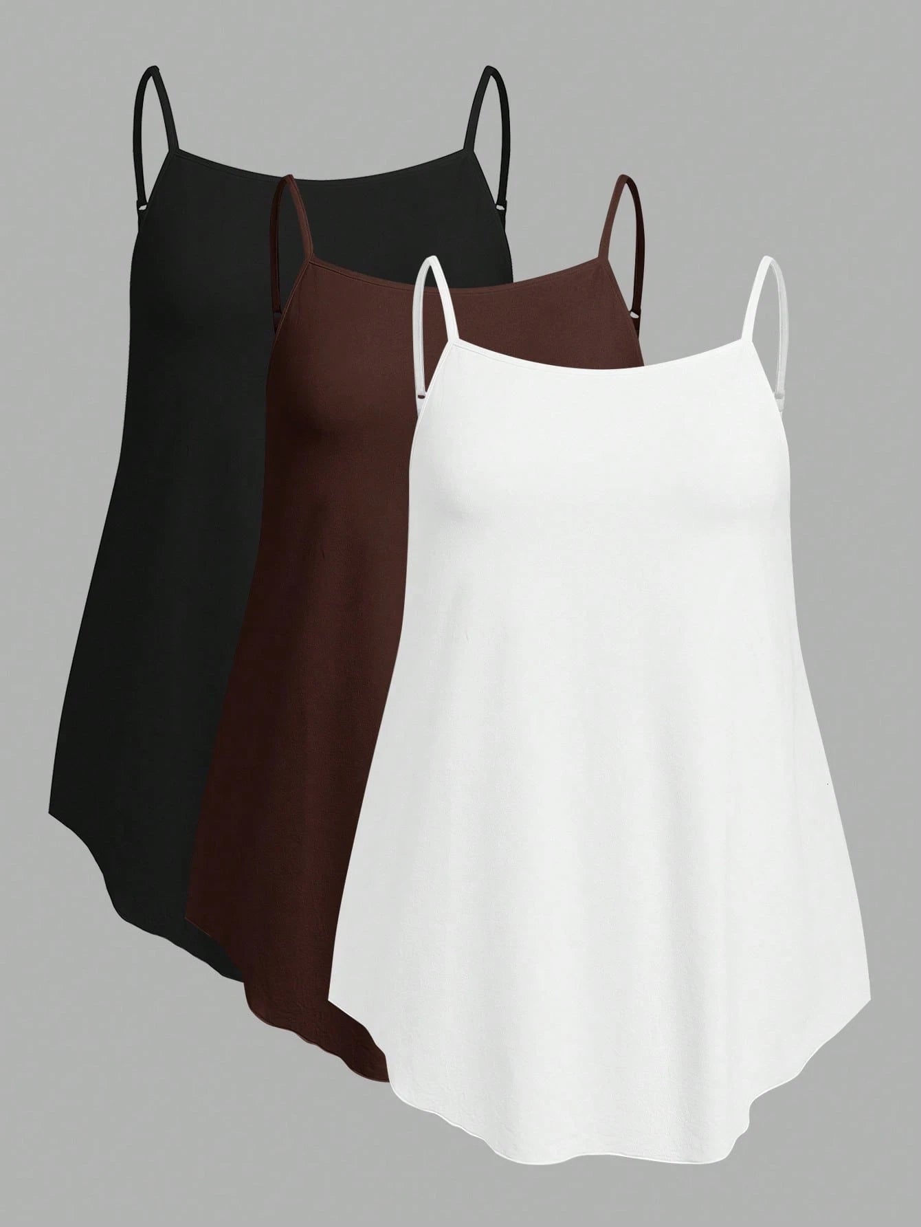 EZwear 3pcs/Set Plus Size Solid Color Camisole Tops, Black + White + Light Grey, Suitable For Summer