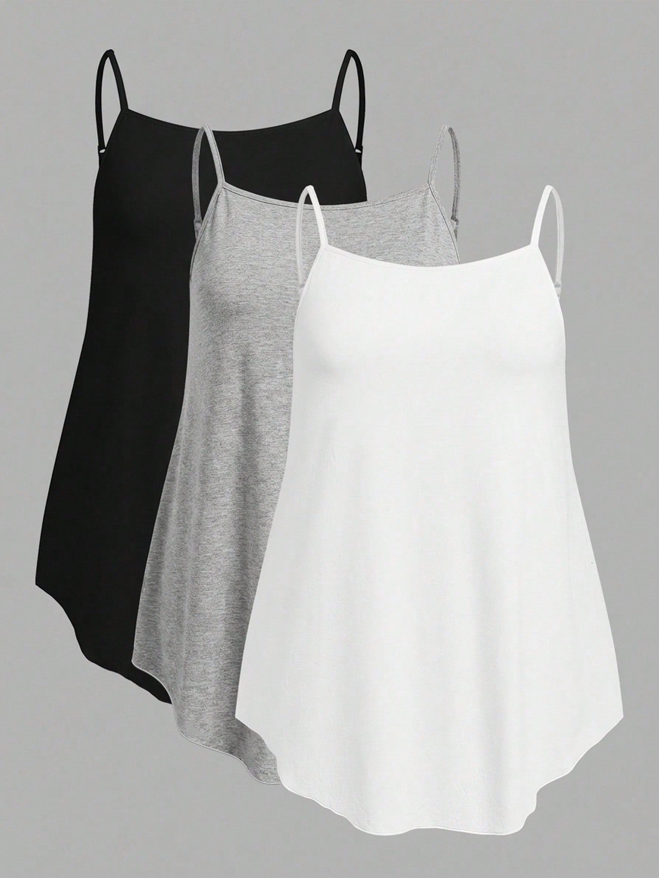 EZwear 3pcs/Set Plus Size Solid Color Camisole Tops, Black + White + Light Grey, Suitable For Summer