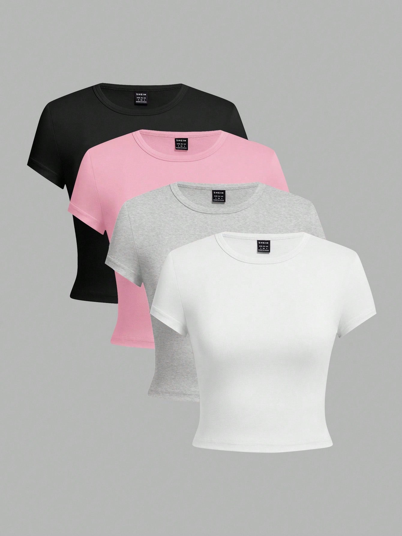 EZwear 4pcs Women Casual Solid Color Round Neck Plus Size Short Sleeve T-Shirts, Suitable For Summer Basics Tops Basic Tees 3 Pack Cropped Plain Tshirts
