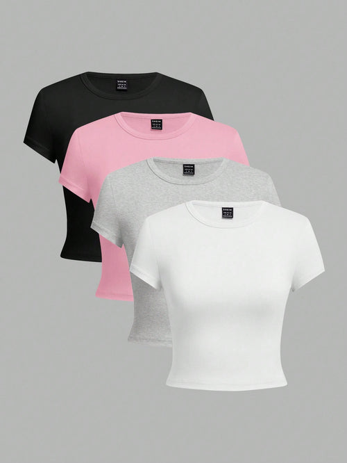 EZwear 4pcs Women Casual Solid Color Round Neck Plus Size Short Sleeve T-Shirts, Suitable For Summer Basics Tops Basic Tees 3 Pack Cropped Plain Tshirts