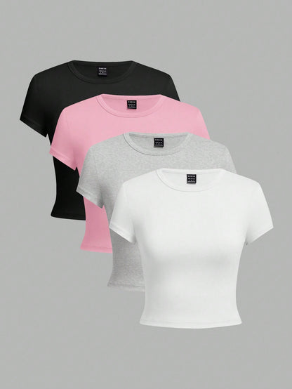 EZwear 4pcs Women Casual Solid Color Round Neck Plus Size Short Sleeve T-Shirts, Suitable For Summer Basics Tops Basic Tees 3 Pack Cropped Plain Tshirts
