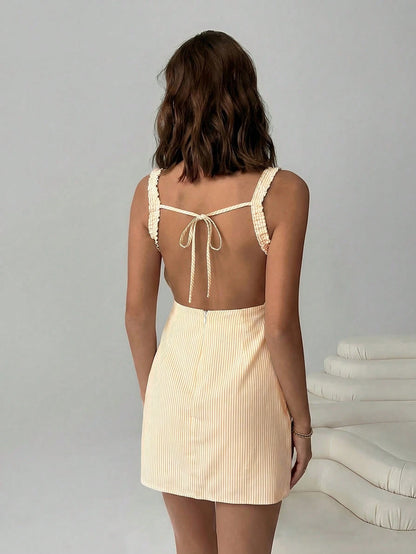 EZwear Boat Neck Sleeveless Backless Tie-Up Summer Striped Woven Dress For Women Women's Dresses Resort Wear Vacation Outfits,Summer