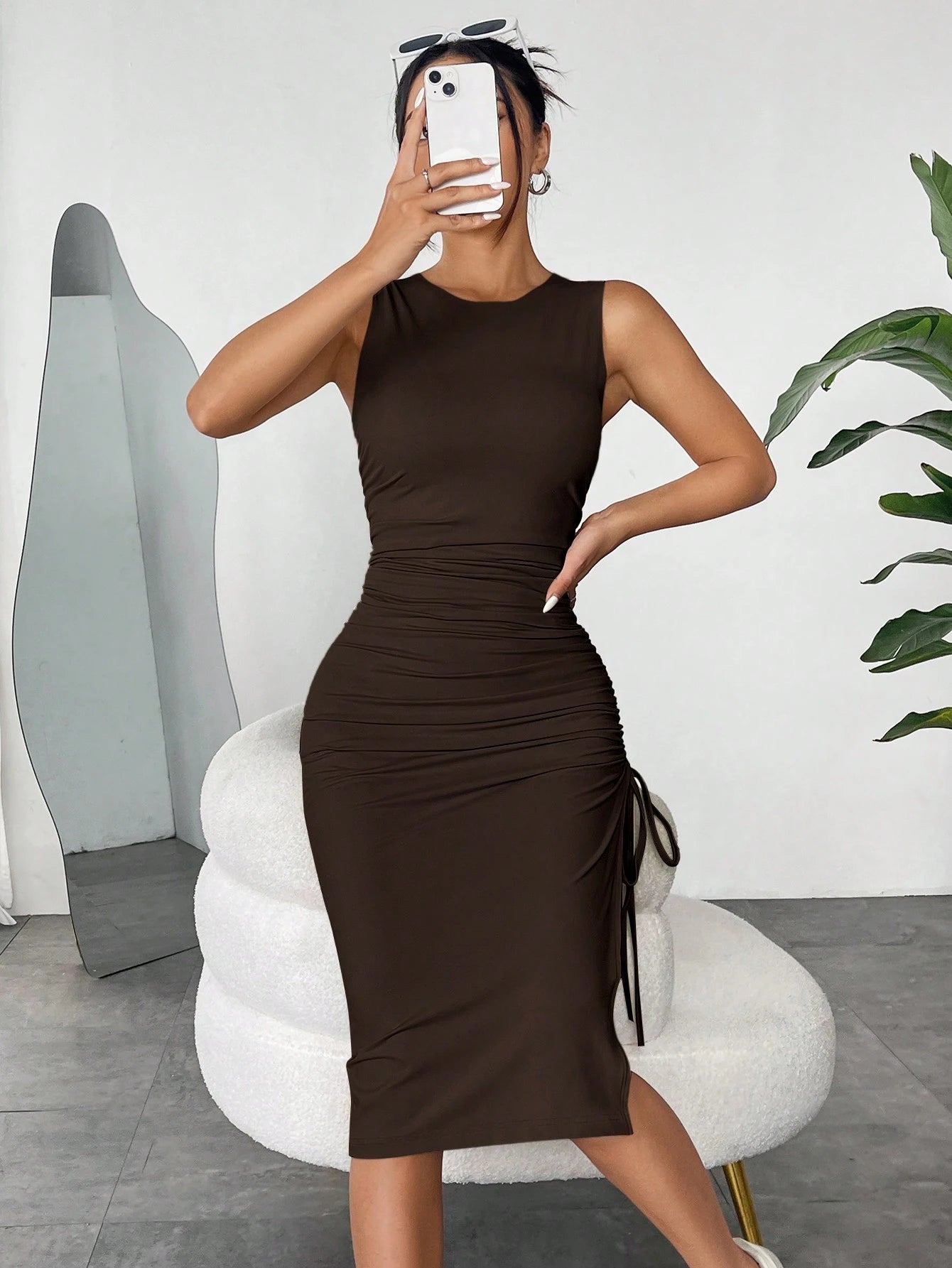 EZwear Brown Knitted Sleeveless Bodycon Dress With Pleated Waist And Side Slit For Women