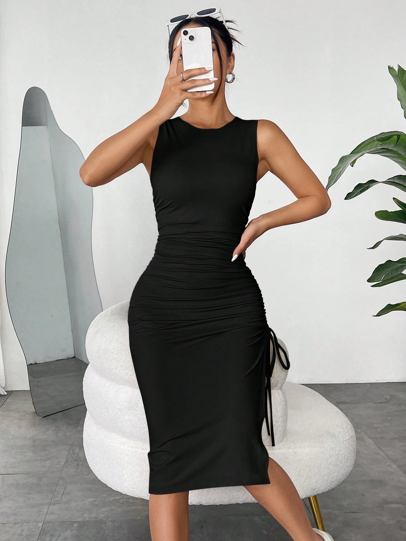 EZwear Brown Knitted Sleeveless Bodycon Dress With Pleated Waist And Side Slit For Women