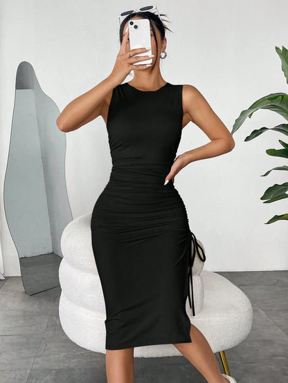 EZwear Brown Knitted Sleeveless Bodycon Dress With Pleated Waist And Side Slit For Women