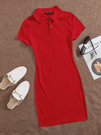 EZwear Button Front Rib-knit Bodycon Dress