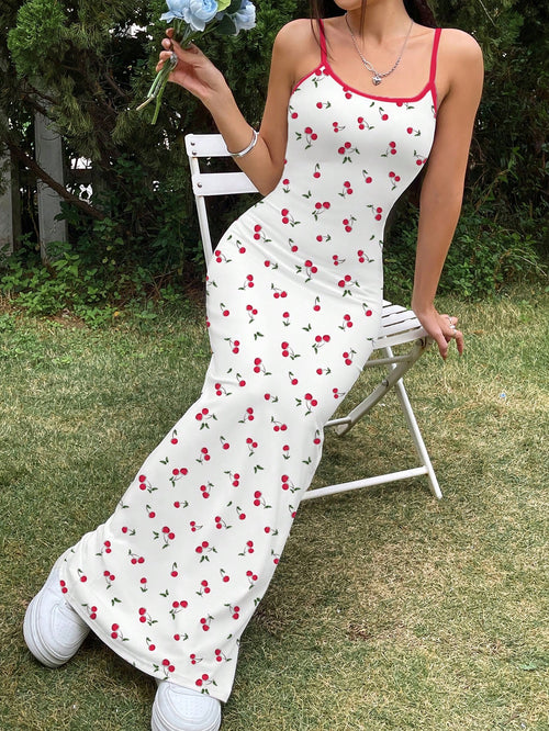 EZwear Casual Cute Simple Cherry Print Full Length Bodycon Slip Dress, Suitable For Summer Vacation,Bodycon Dress Chic Dress Picnic Vacation Red And White
