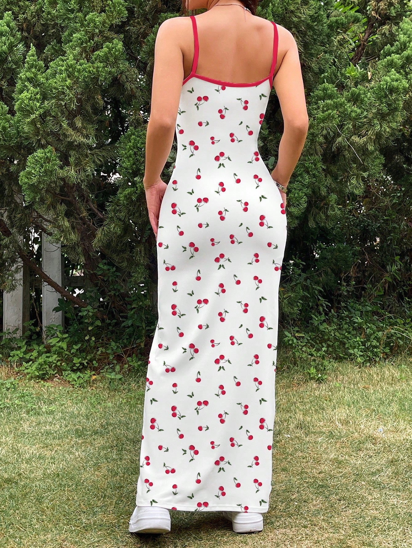 EZwear Casual Cute Simple Cherry Print Full Length Bodycon Slip Dress, Suitable For Summer Vacation,Bodycon Dress Chic Dress Picnic Vacation Red And White