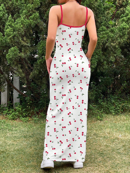 EZwear Casual Cute Simple Cherry Print Full Length Bodycon Slip Dress, Suitable For Summer Vacation,Bodycon Dress Chic Dress Picnic Vacation Red And White