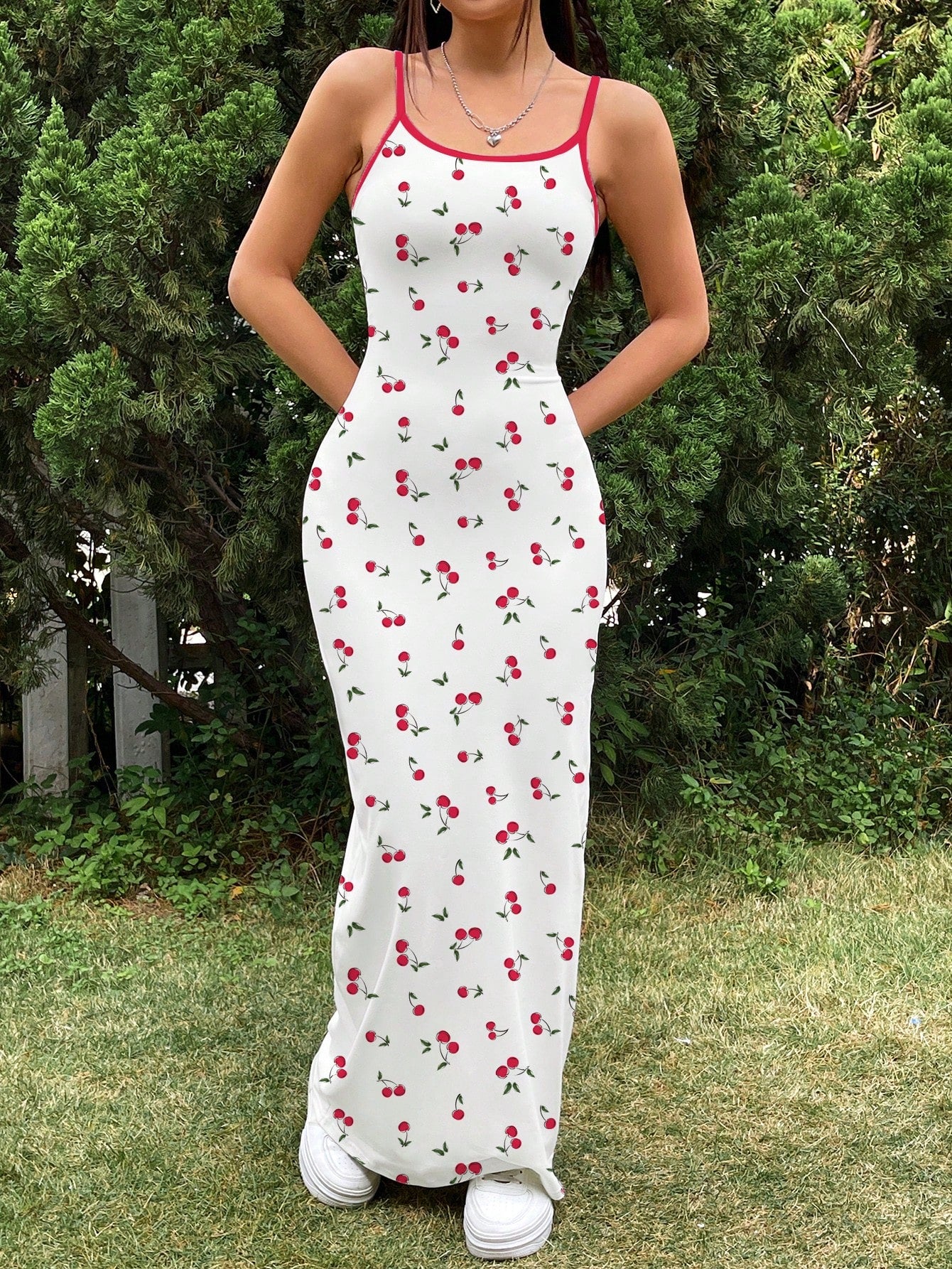 EZwear Casual Cute Simple Cherry Print Full Length Bodycon Slip Dress, Suitable For Summer Vacation,Bodycon Dress Chic Dress Picnic Vacation Red And White