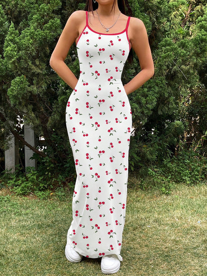 EZwear Casual Cute Simple Cherry Print Full Length Bodycon Slip Dress, Suitable For Summer Vacation,Bodycon Dress Chic Dress Picnic Vacation Red And White