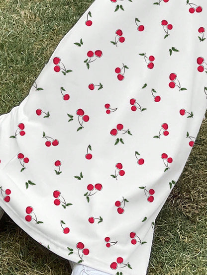 EZwear Casual Cute Simple Cherry Print Full Length Bodycon Slip Dress, Suitable For Summer Vacation,Bodycon Dress Chic Dress Picnic Vacation Red And White